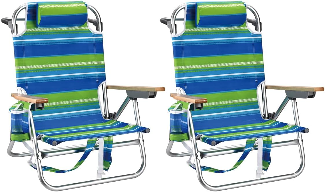 2 Pack Backpack Beach Chairs for Adults Capacity 300 LBS Low 5 Position Beach Chair with Pouch Straps Folding Lightweight Reclining Aluminum Wide Lay Flat Single