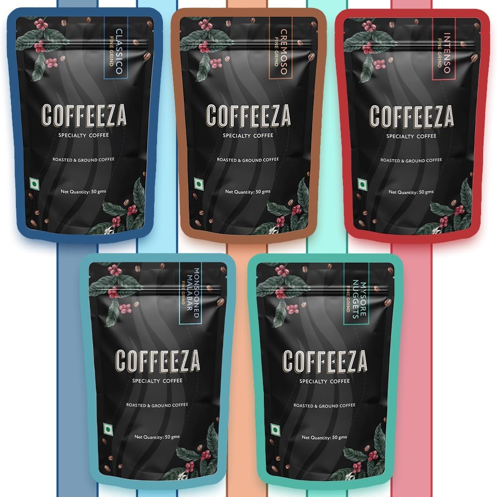 Coffeeza Ground Coffee Fine Grind Sampler Pack | Tasters Collection of 5 Pack | 50gmx5 - intenso, Classico, Cremoso, Mysore Nuggets and Monsooned Malabar| Suitable for Moka Pots and Espresso Machines