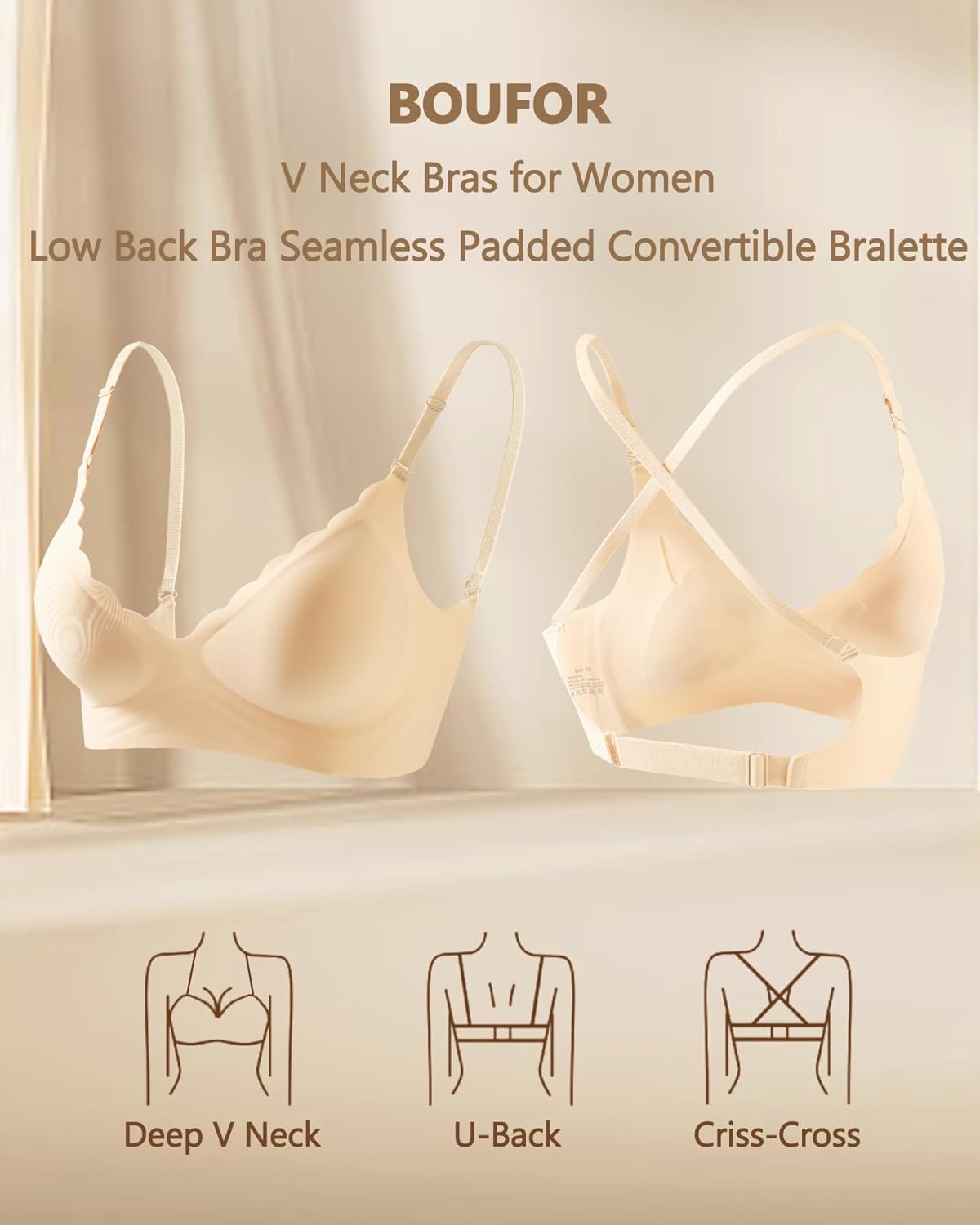 Deep V Neck Backless Bras for Women Padded Bralette Push Up Seamless Wire-Free Low Back Bra Convertible Straps - Image 7
