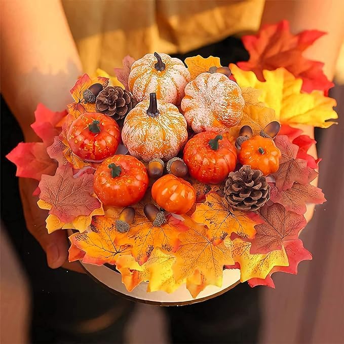 166 Pcs Thanksgiving Artificial Pumpkins Decorations Set with, Maple Leaf, Foam Pumpkin, Small Acorns, Pine Cones and Gourds for Autumn, Festival Halloween, Fall Harvest Home Table Decoration