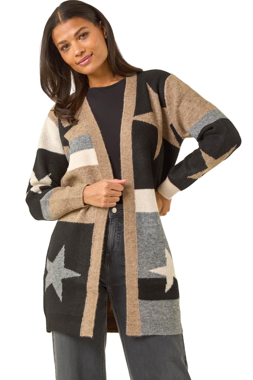 Roman Originals Women Cardigan - Ladies Longline Coatigan Tassel Open Front Cardi Winter Autumn Casual Textured Edge to Edge Yarn Patterned Comfy Work Going Out - Tan Grey - Size 14