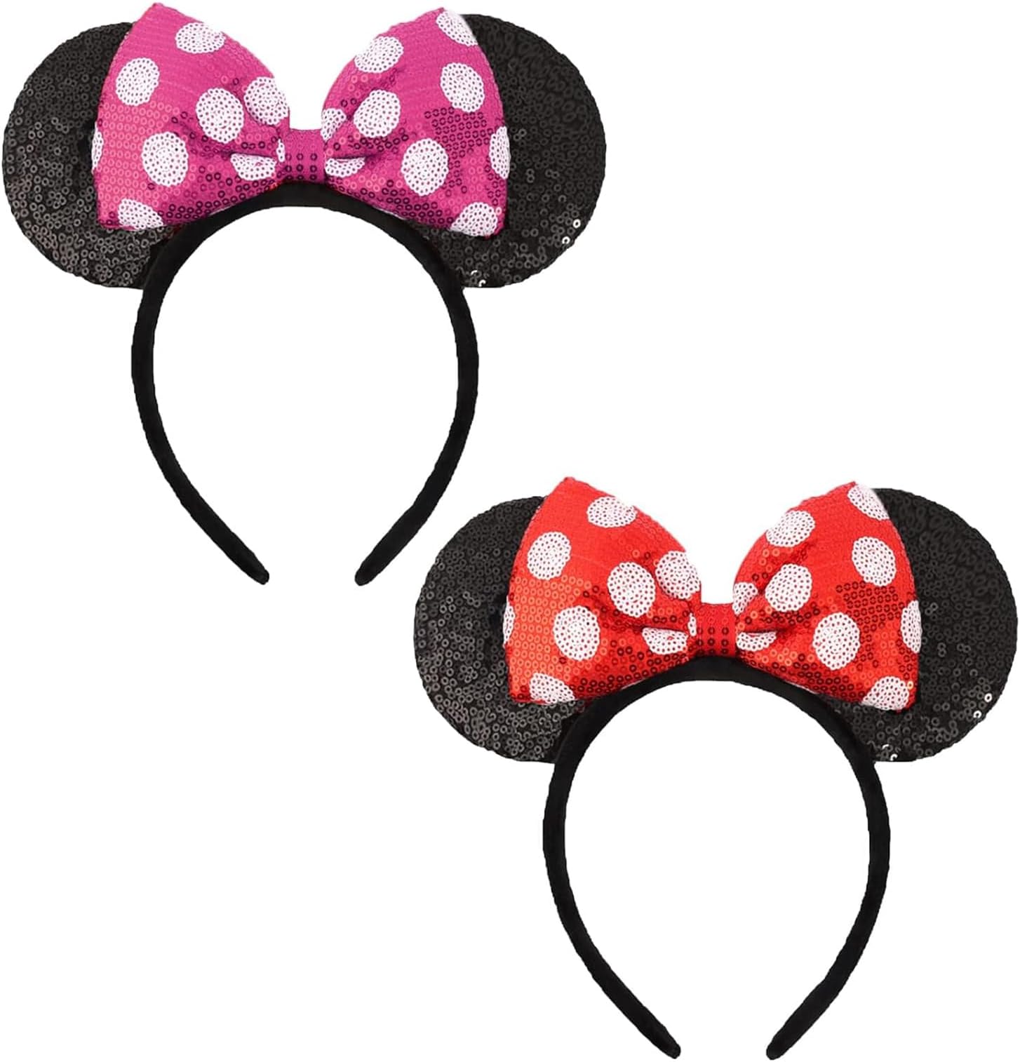Mouse Ears Headbands, 2 Pcs Headbands with Spotted Bow and Shiny Sequin, Classic Amusement Park Decoration, Cute Cartoon Hair Accessories for Girls Women for Party Cosplay (Red & Pink)