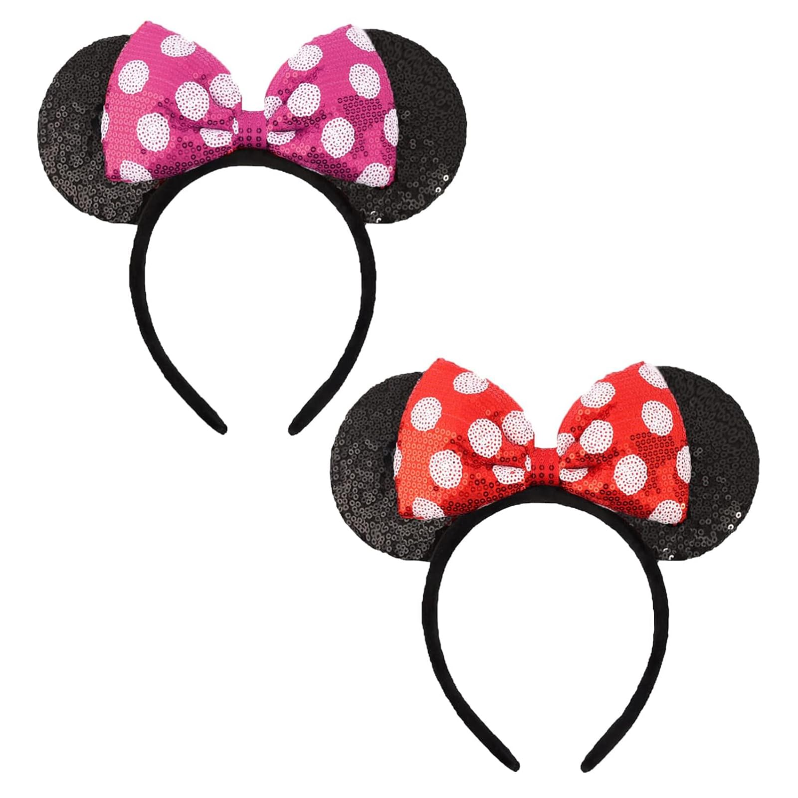 Mouse Ears Headbands, 2 Pcs Headbands with Spotted Bow and Shiny Sequin, Classic Amusement Park Decoration, Cute Cartoon Hair Accessories for Girls Women for Party Cosplay (Red & Pink)