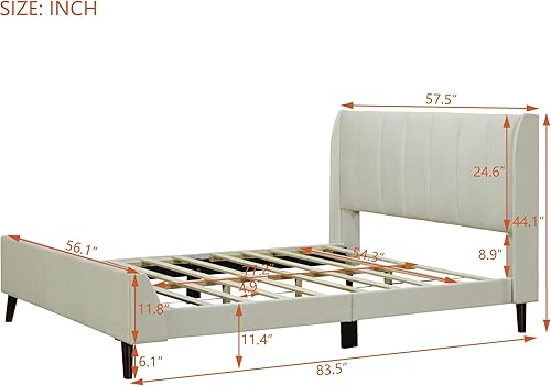 Miniatura 2 de WOXYX Base de cama tapizada de terciopelo de tamaño matrimonial con cabecero y listones de madera fuertes, color beige