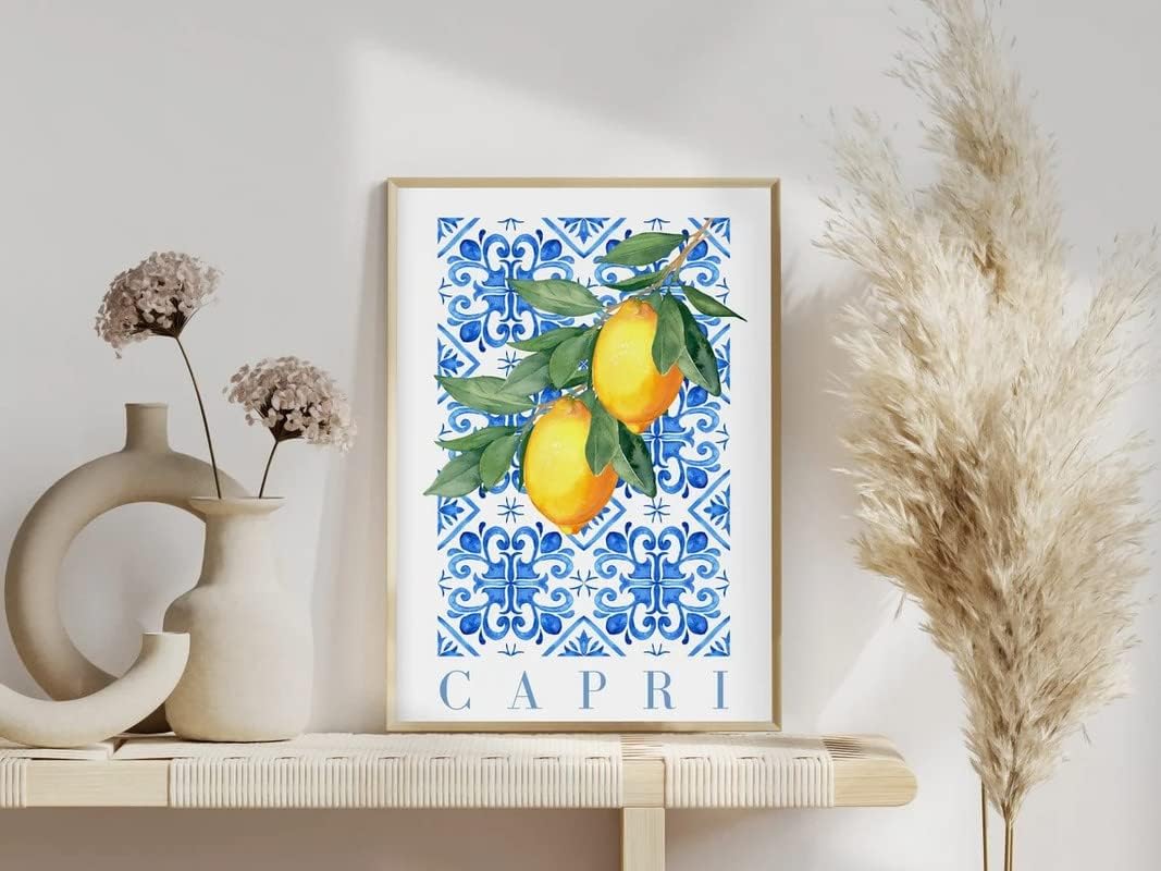 Lemon Wall Art, Blue Tile Printable Wall Art, Fruit Market