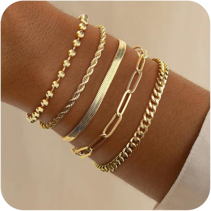 Gold Bracelets for Women,Dainty Bracelets Set for Women Trendy, Gold Bracelets Stack With Beaded, Cuban, Paperclip, Heart, Snake, Rope, Pearl, Cross, Hand Chain, Silver Jewelry Gifts for Women Mom