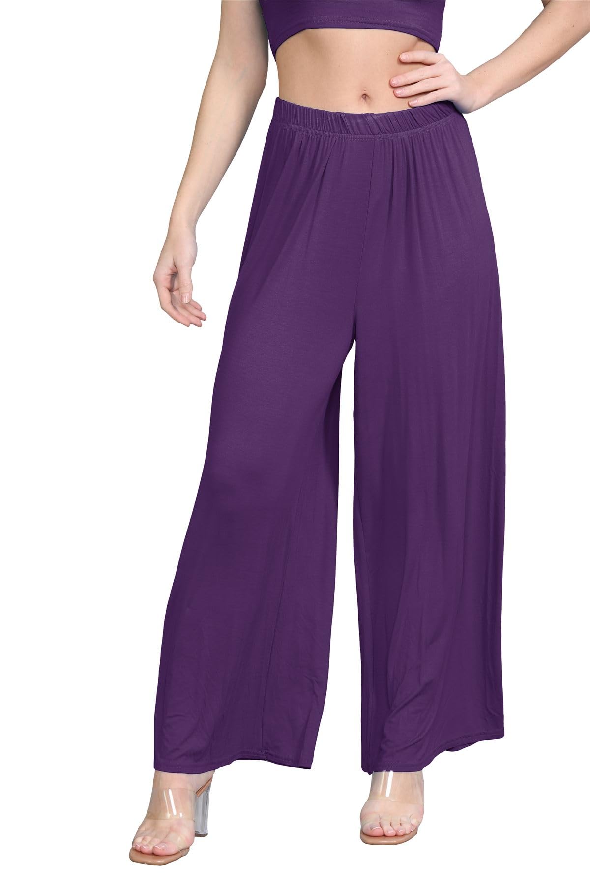Hamishkane Women's Purple Hamishkane® Plain Flared Palazzo Elasticated Waist Wide Leg Yoga Pants For Uk Elegant Palazzo Trousers For Uk - Ideal Summer Trousers