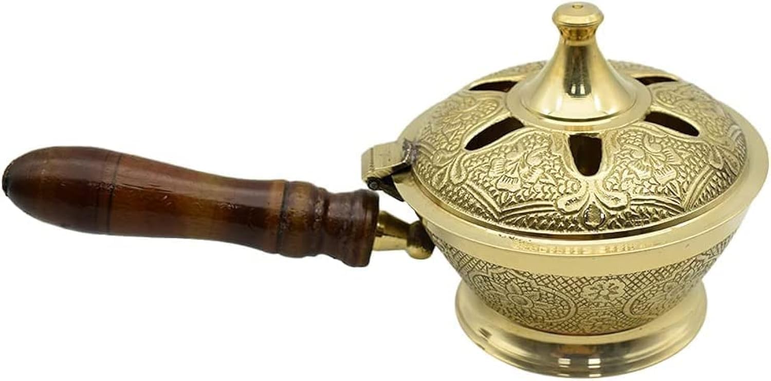 Aarti Sambrani Stand & Loban Dhoop Burner Brass with Wooden Holder for Pooja Use- 7.5 Inches