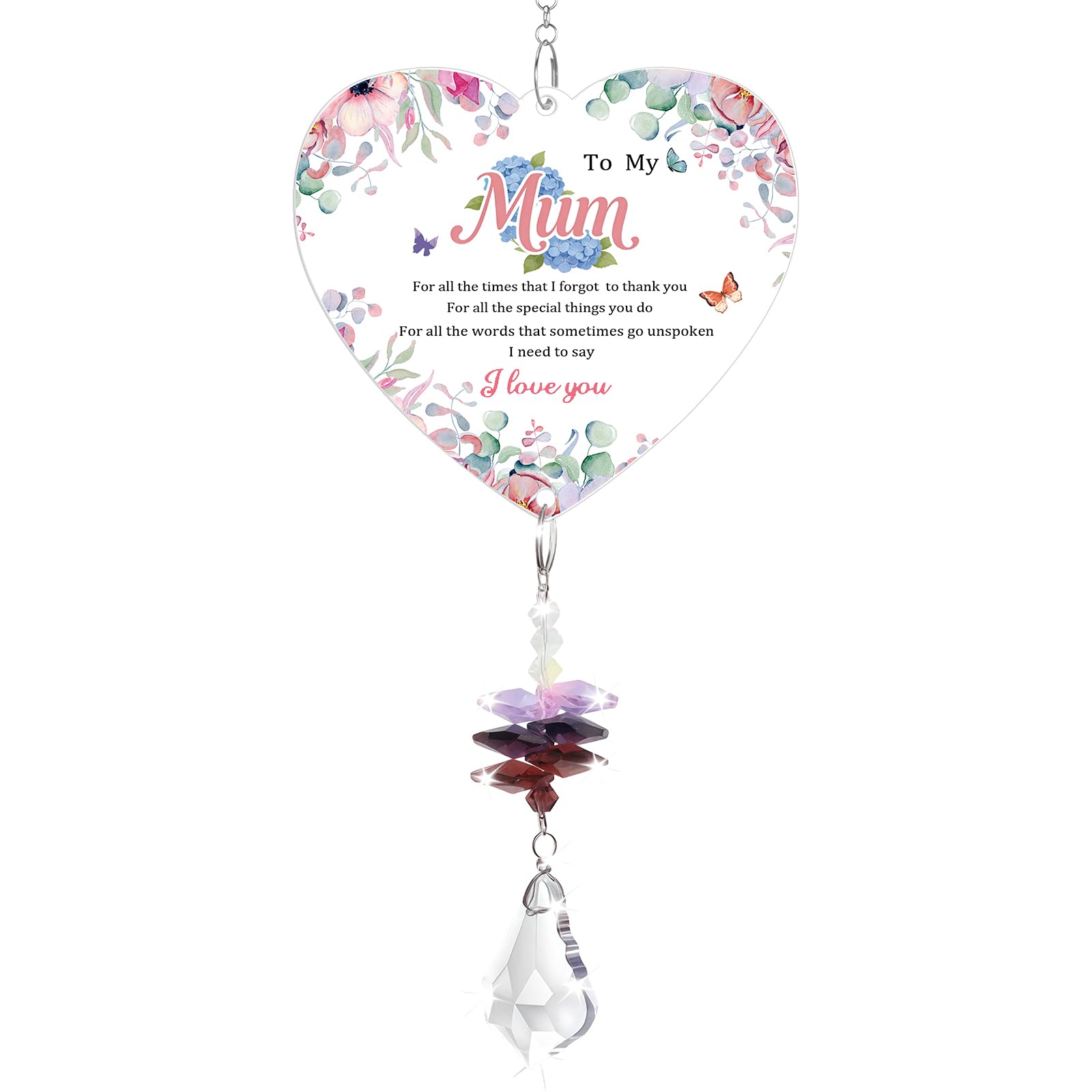 The QBEJIME Crystal Suncatcher, featuring a heart-shaped acrylic centre with engraved messages and a cascade of coloured crystals, designed to cast rainbow light.