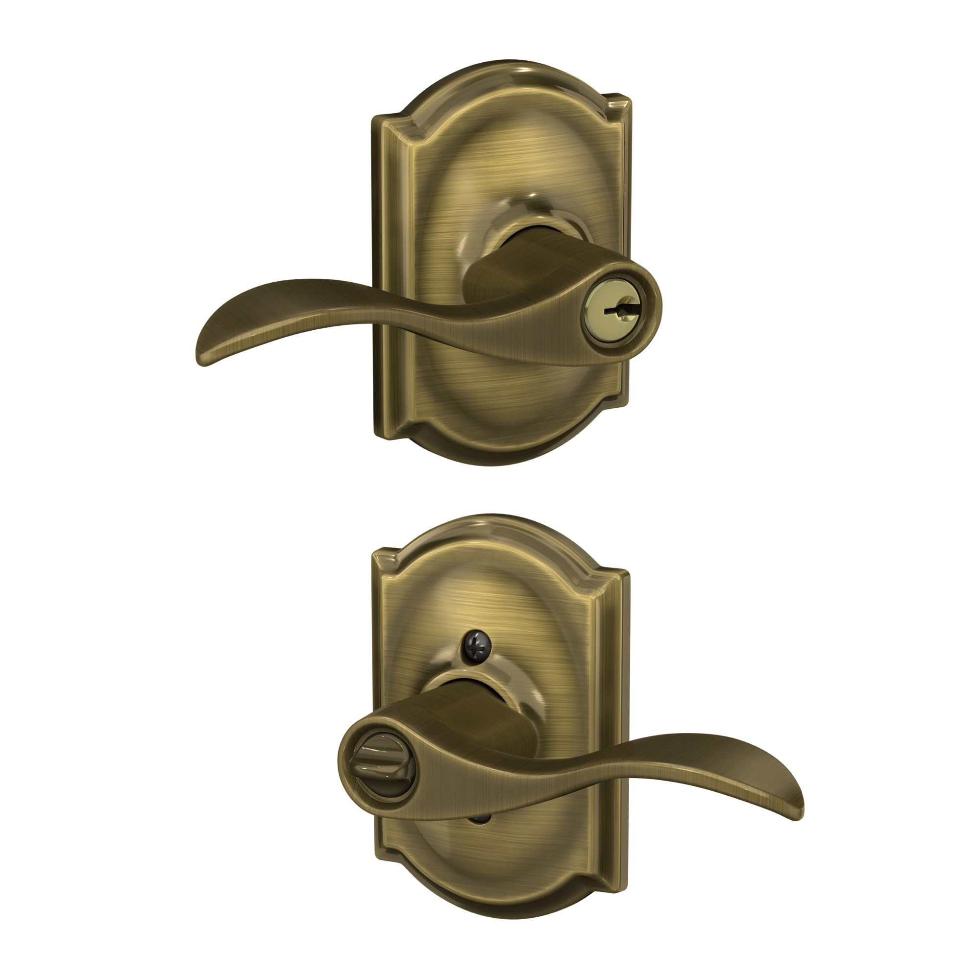 Schlage Accent Keyed Entry Door Handle, Reversible, Antique Brass | Keyed entry lever door handle with turn-button lock, Easy to install, Certified security &amp; durability, Universal fit, 2 keys