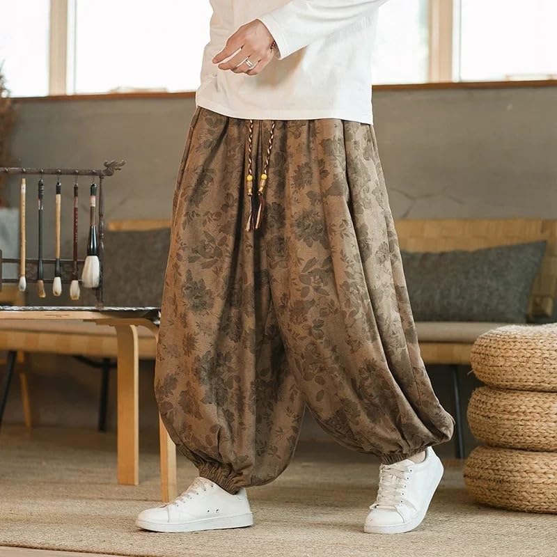 Pants for Men Chinese Style Corduroy Casual Elastic Waist Male Loose Wide Leg Trousers4