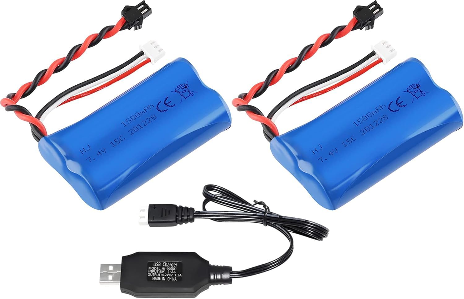 Yangers 2 Pack 7.4v 2S 1500mah li-ion Battery RC Rechargeable Batteries 15C SM-2P Plug Connector with USB Charger Set for RC Car off road Truck Jumper Vehicle Wltoys