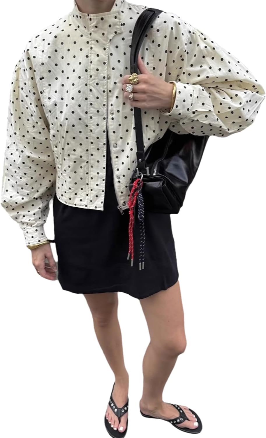 Womens Polka Dot Print Stand Neck Short Jackets Retro Zipper Lantern Sleeve Streetwear Jackets Outerwear