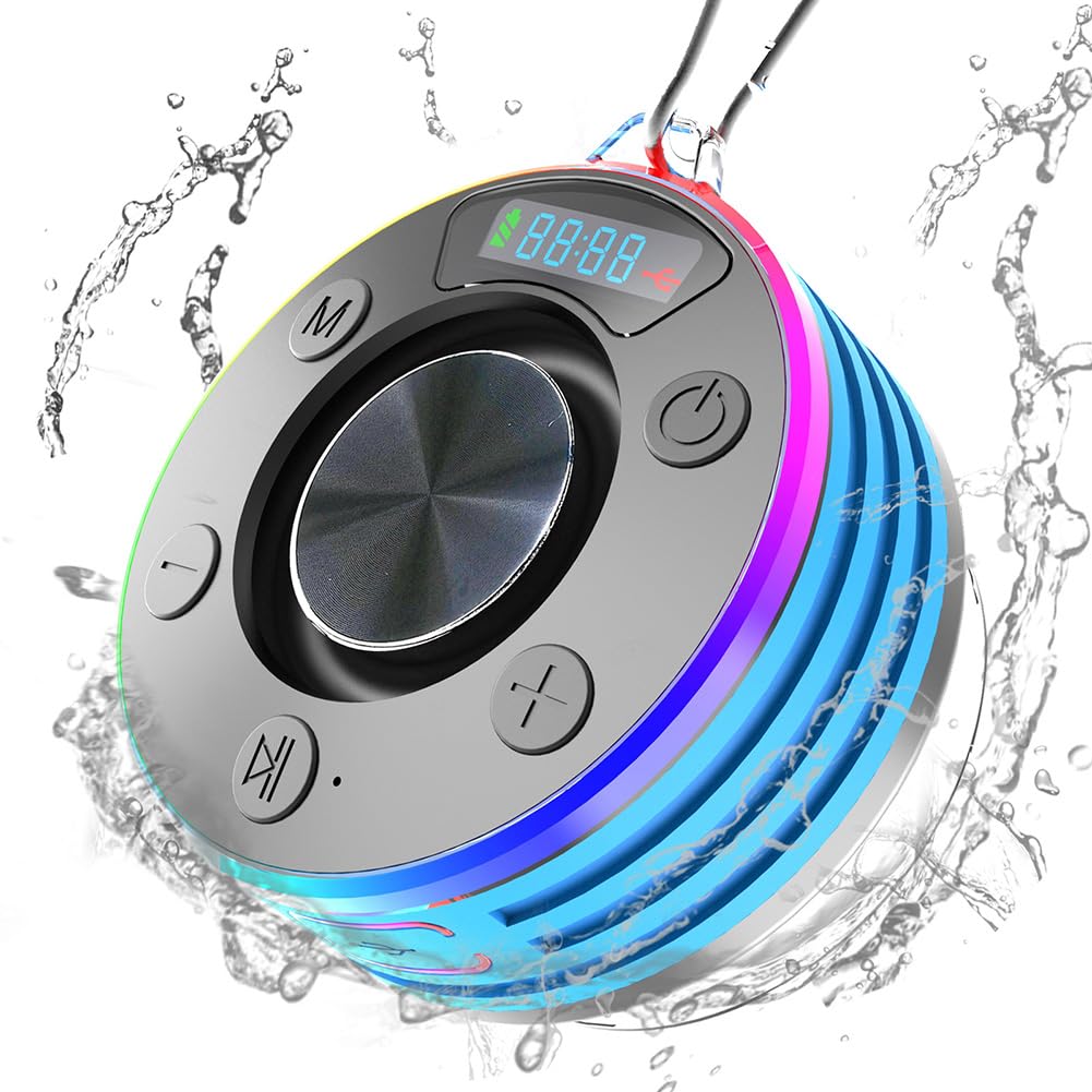 Enceinte Bluetooth Douche, 5.3 FM Radio de Douche Portable avec avec HD Mic, 360° stéréo, Lumière LED, avec Ventouse, Étanche IP7 pour Salle de Bain,Extérieur (Bleu)