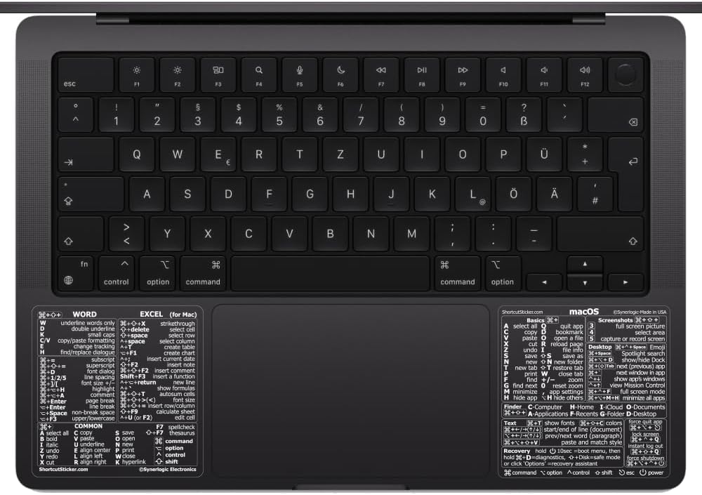Synerlogic (1 Set) Mac OS + Word/Excel (for Mac) Shortcuts, Laminated Vinyl Stickers - for MacBook Air/Pro/iMac/Mac/mini (Clear/White)