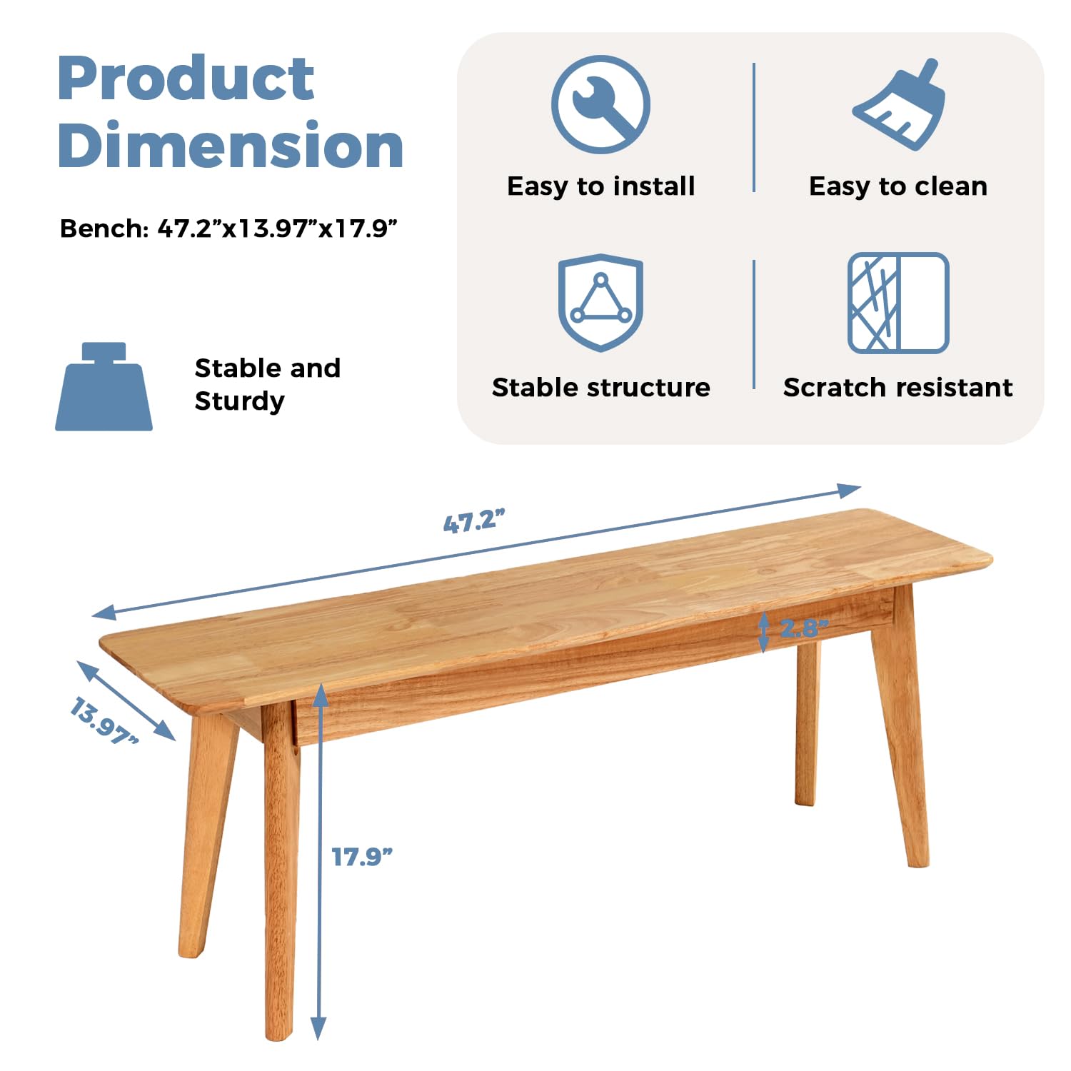 Snapklik.com : 47 Inch Solid Wood Dining Bench, Table Bench For Bedroom ...