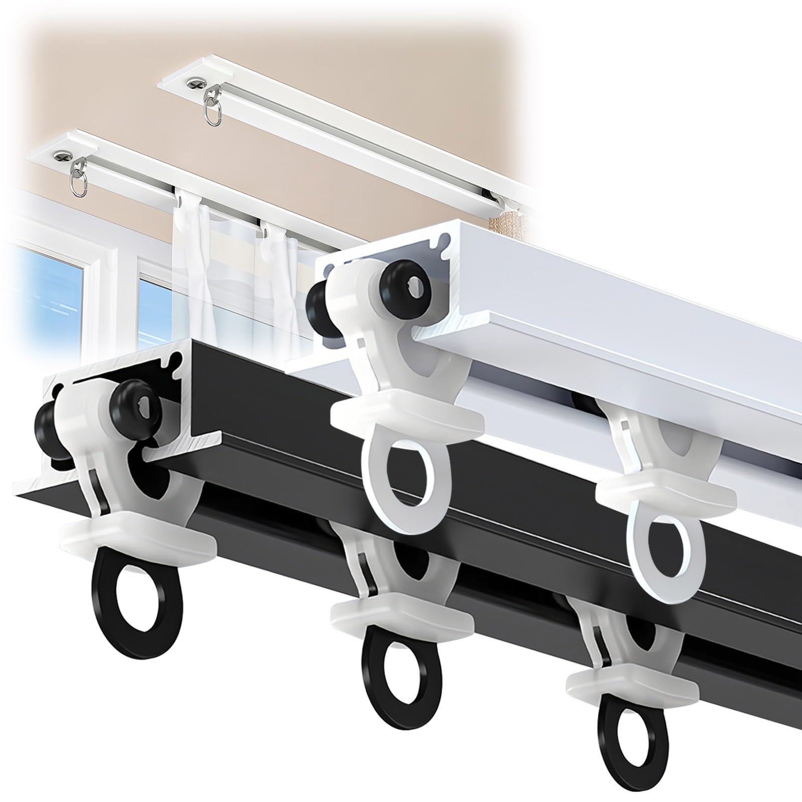 Tringle à rideau Encastré Avec Rouleau, Rail de plafond pour rideaux Caché, Rail de rideau Aluminium, Facile À Installer, pour Hôtel, Fenêtres, Chambre, Salon(Black,1m/3.28FT)