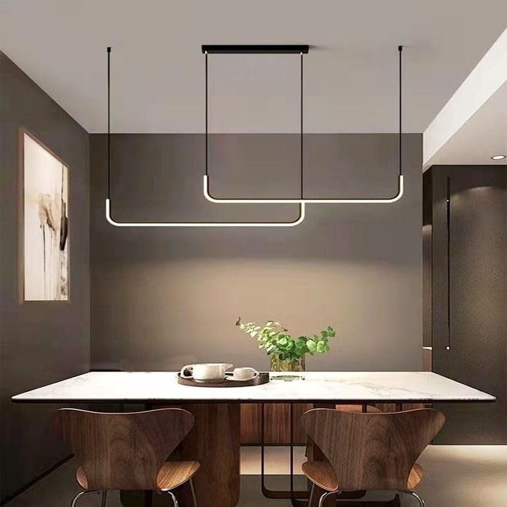 Kutis Contemporary LED Dimmable Golden Pendant Linear Chandelier Lighting Fixture, Sleek Design for Dining Room, Bedroom, Kitchen, Adjustable Brightness and Modern Aesthetic Chandelier.