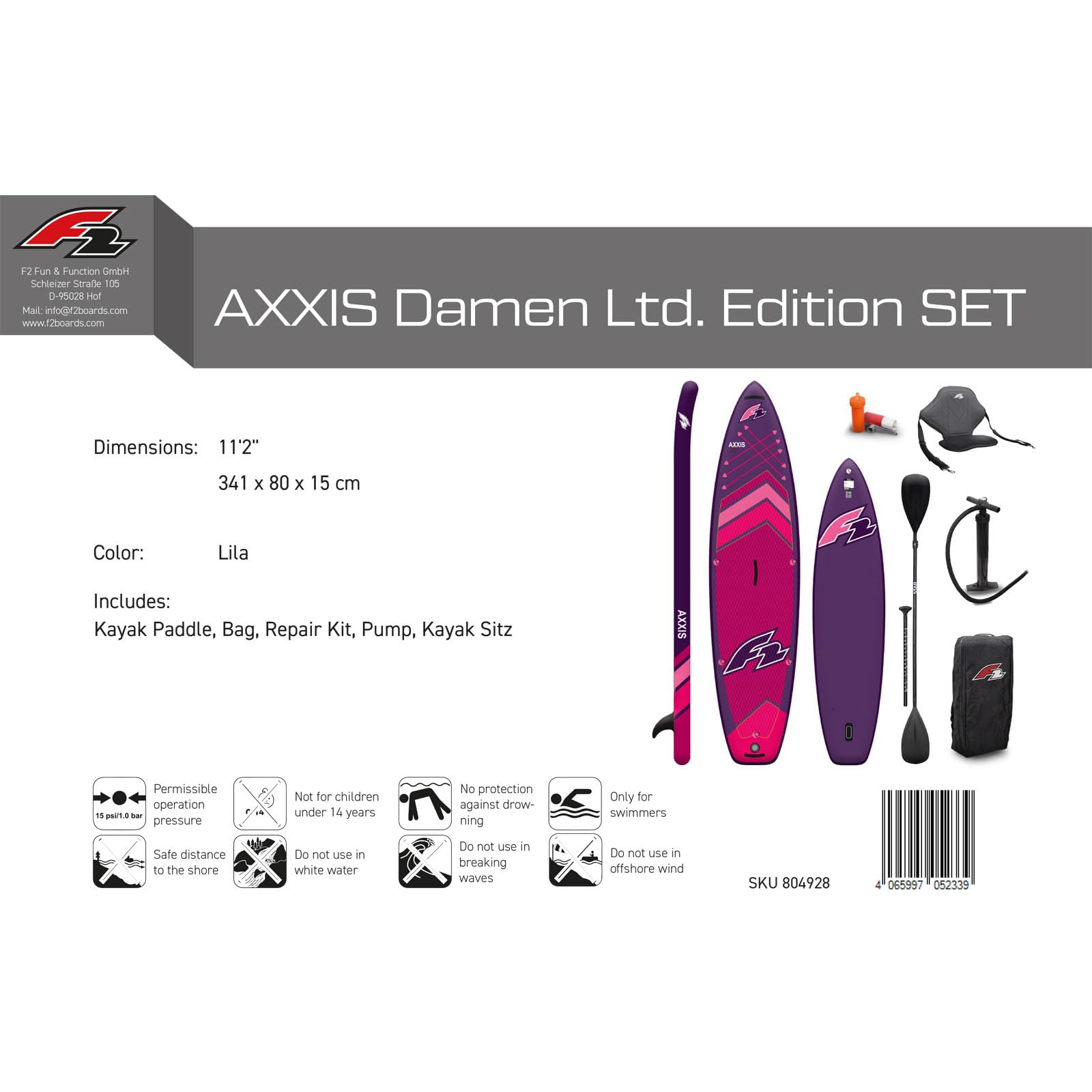 F2 Stand Up Paddle Board AXXIS Damen Ltd. Edition SUP Set Größe wählbar 2024/25