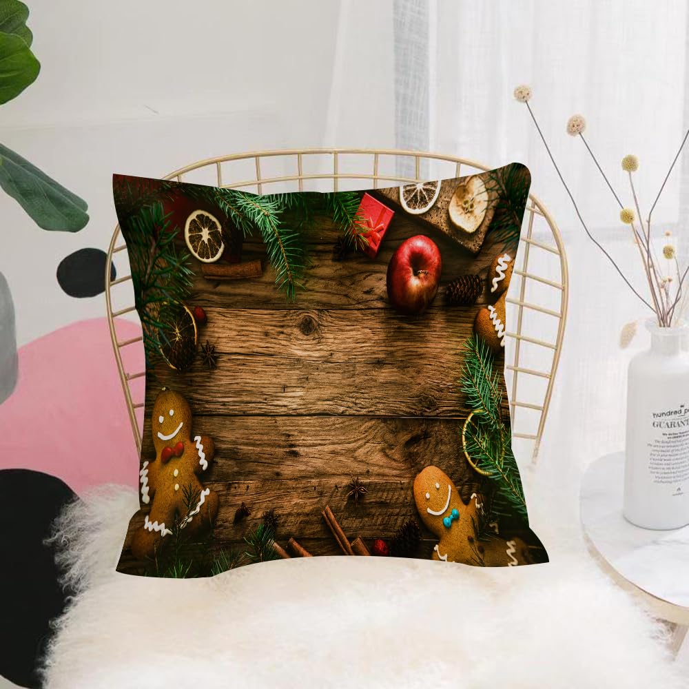 HYOSXW Cushion Cover,Throw Pillow Case Home Decorative for Living Room Bedroom Sofa Chair 16X16 Inch,Christmas background, pine tree on wooden board, gingerbread man cookies, spice,Pillowcase 40X40cm