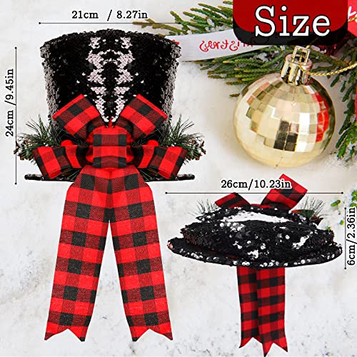 Whaline Christmas Tree Topper Hat Black Shiny Sequins Hat With Red Buffalo Plaids Bow 10.2 X 8.3 Inch Rustic Farmhouse Xmas Tree Top Ornament For Christmas Party Winter Holiday Indoor Outdoor Decor #TOP2
