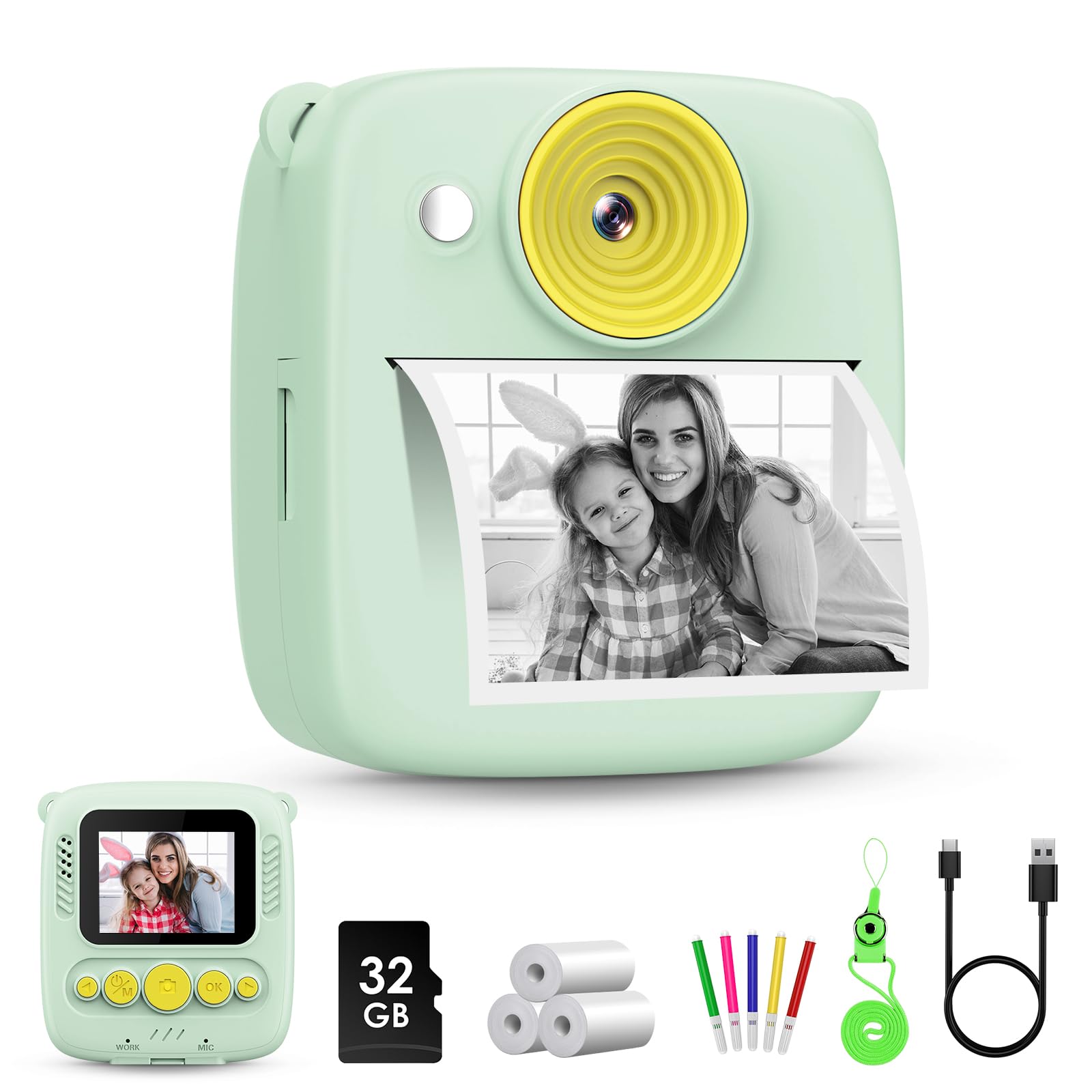 Gofunly Macchina Fotografica Bambini Istantanea, 1080P 2.0 Pollici Fotocamera Digitale Bambini con 32GB Scheda e Carta Fotografica, Regali di Natale Compleanno per 3 4 5 6 7 8 9 10 Ragazze Ragazzida