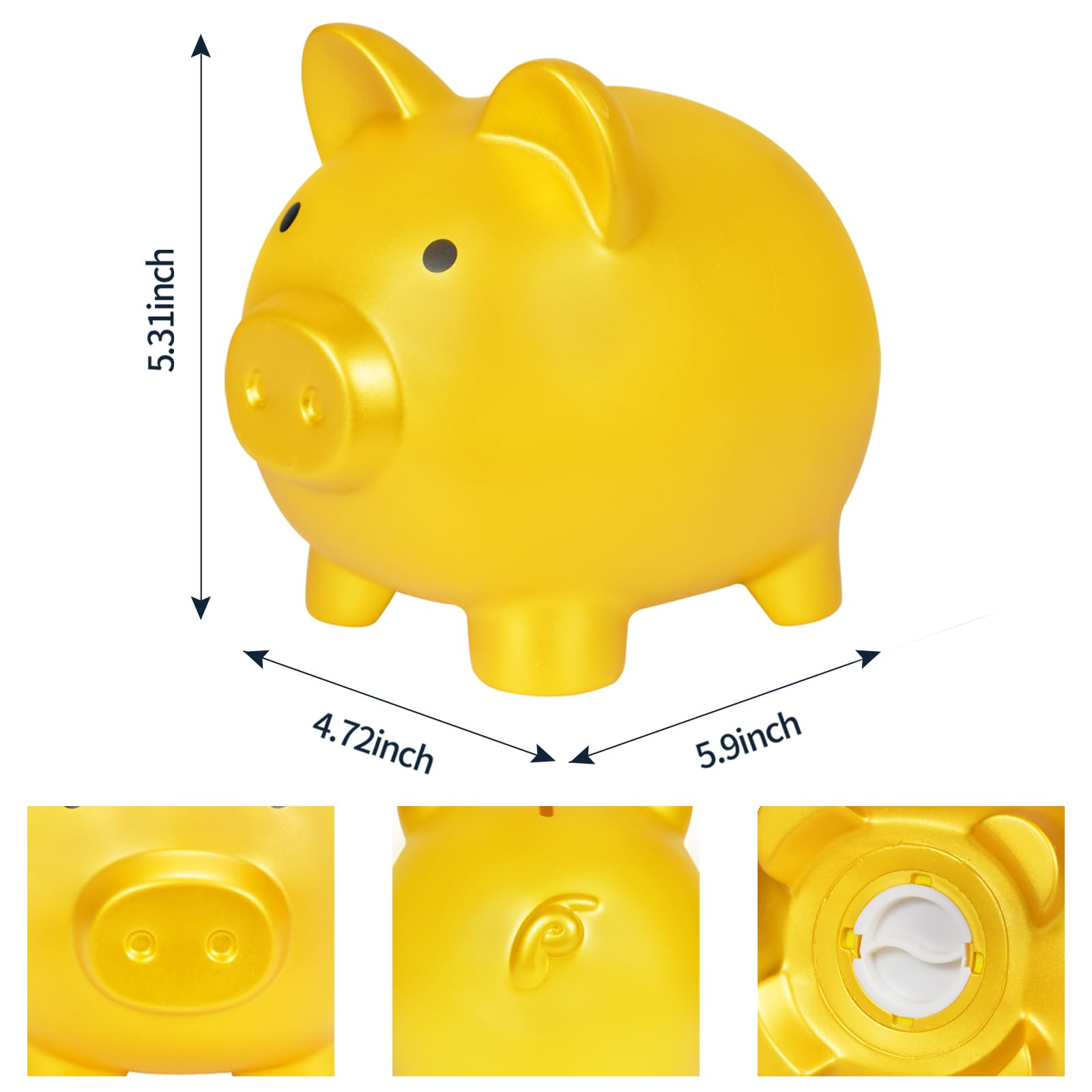 HUSAN Cute Piggy Bank, Unbreakable Plastic Money Bank, Pig Money Bank Coin Bank for Girls and Boys, Best Gifts for Birthday, Easter, Christmas (Gold)