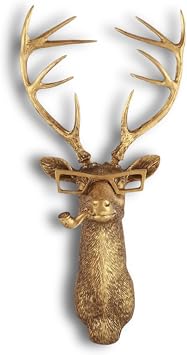DAUERHAFT Deer Head Wall Sculpture, Geometric Stag Wall Decor with Glasses and Pipe, Artificial Deer Antlers Wall Mount Hanging for Living Room