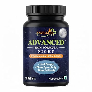 Preach Pharma Advanced Skin Formula NIGHT with Magnesium, MSM, Biotin, Vitamin B6, L-Lysine & L-Proline, 30 Veg Tablets