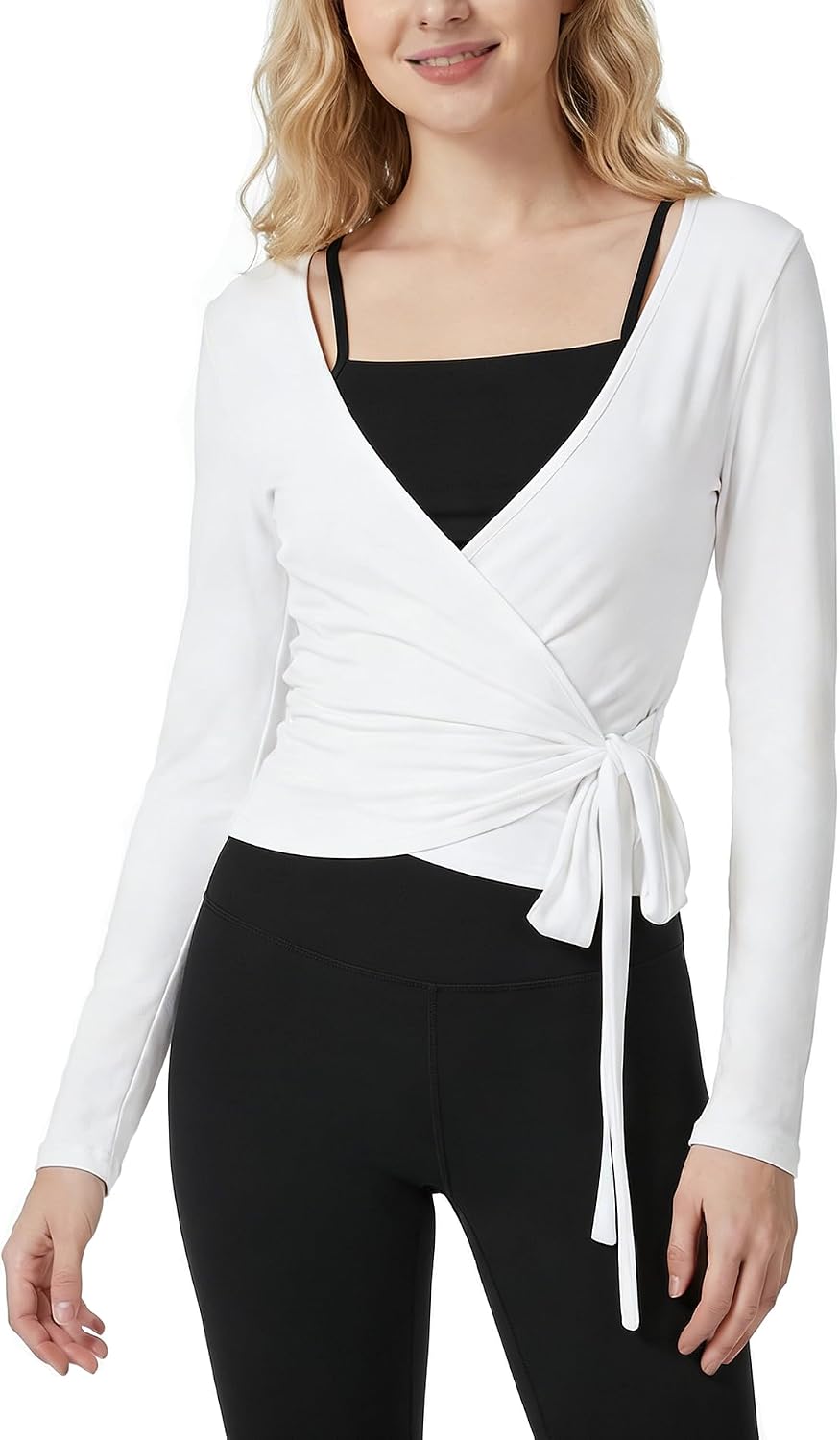 Womens Ballet Pilates Wrap Top Yoga Dance Shirt Cross Tie Slim Fit V Neck Y2k Long Sleeve Tops for Workout Gym Active