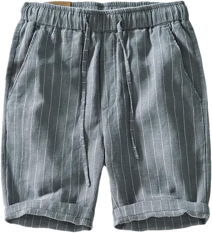 Men Thin Cotton Linen Half Pants Striped Drawstring Simple Casual Loose Straight Beach Shorts