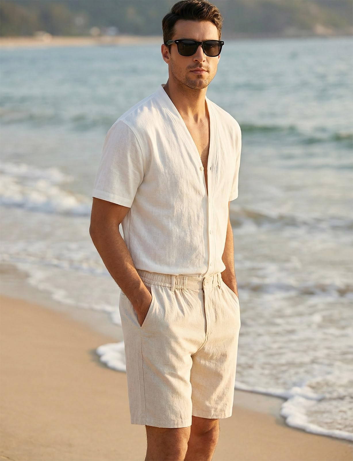 Halfword Lino Bermudas Cortos para Hombre Verano Casual Ligeros Elásticos
