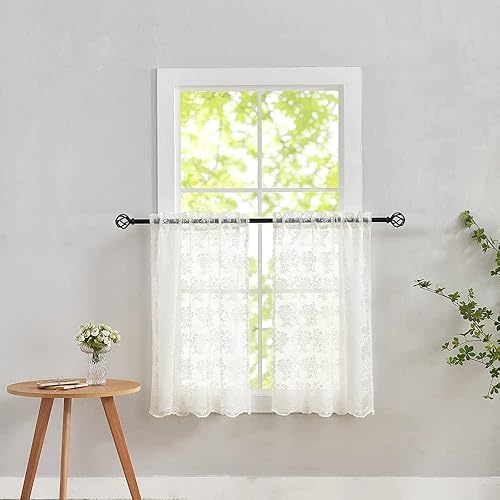 Cortinas traslúcidas de encaje de 30 pulgadas de largo, 2 paneles de cortinas pequeñas florales marfil, ideas de cortinas de privacidad para