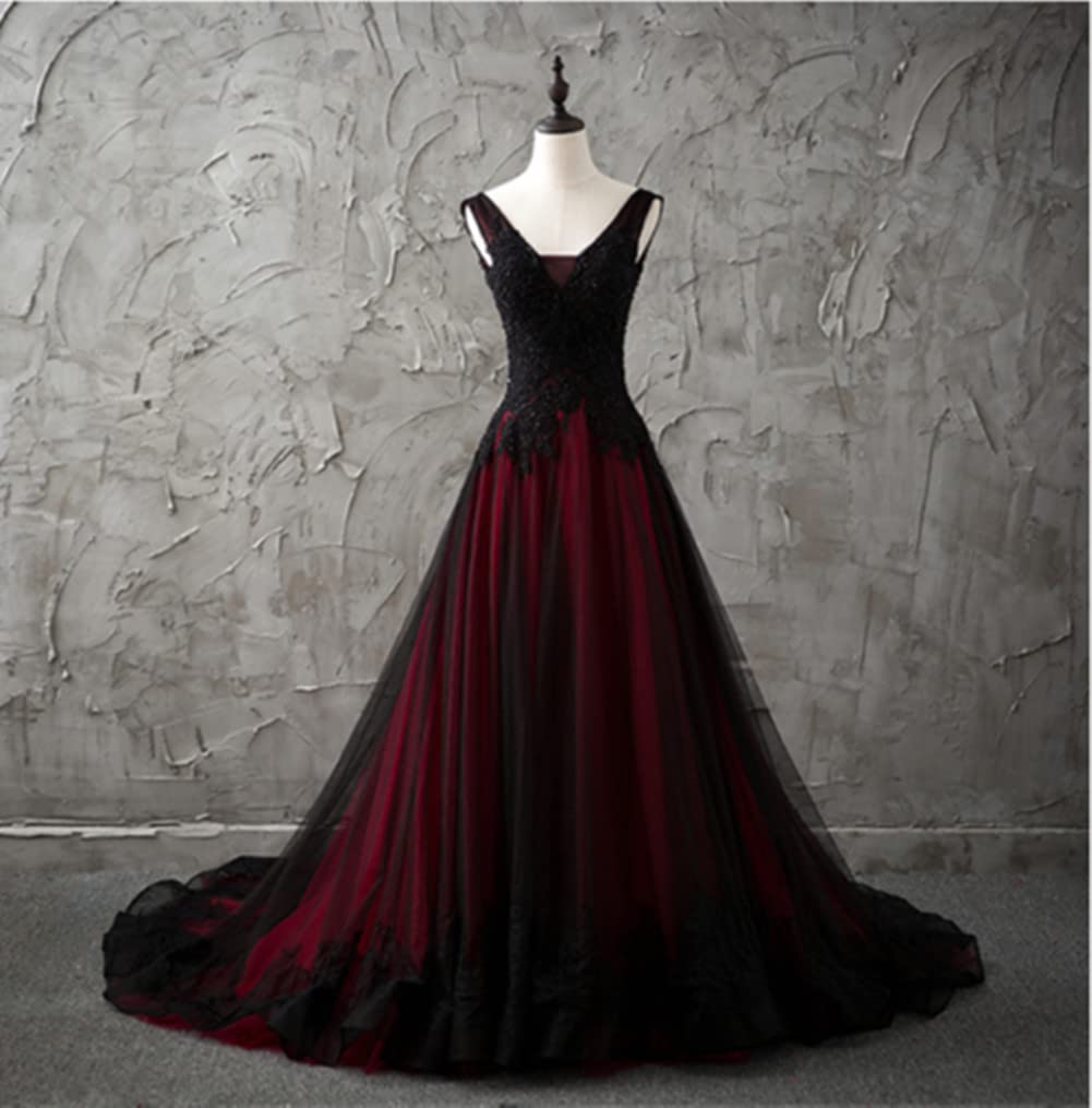 Damen Applikation Gothic Brautkleid V-Ausschnitt A-Linie Brautkleid mit Schleppe