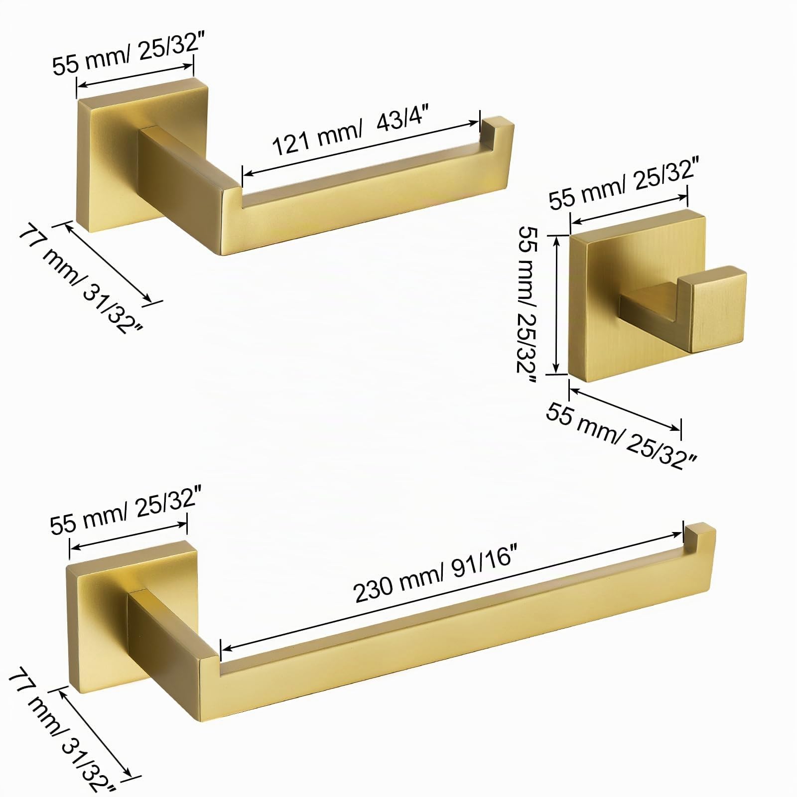 TURS Juego de 3 accesorios de baño de acero inoxidable SUS 304 con toallero, barra porta toallas, gancho de pared, color oro cepillado, Q7010GD