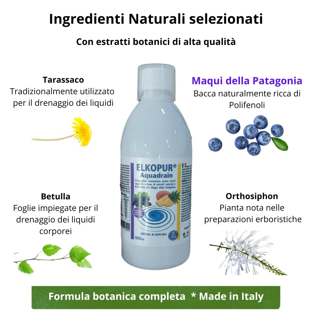 Elkopur Aquadrain – Drenante Liquido con Tarassaco, Orthosiphon, Betulla, Cardo Mariano e Maqui della Patagonia, Estratti Vegetali Selezionati, 3×500 ml, Made in Italy