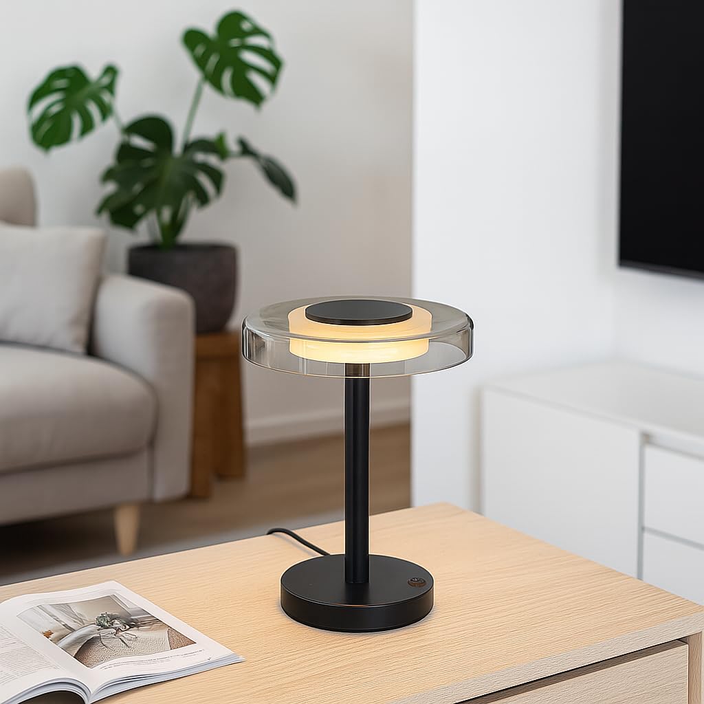 Tischleuchte Volos, Tischlampe Glas LED Wohnzimmer, Schlafzimmer | moderne Nachttischlampe, Schreibtischlampe, Schwarz, Ø 22 cm, Design Dekolampe, mit Kabel, Metallfuß, 30 cm Höhe, Warmweiß