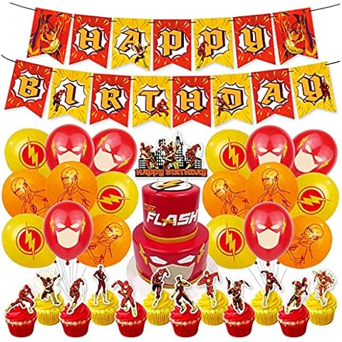 Flash Birthday Party Supplies, Flash Party Decorations Included Birthday banner, Cake Topper, Cupcake Topper, Balloon Cover
