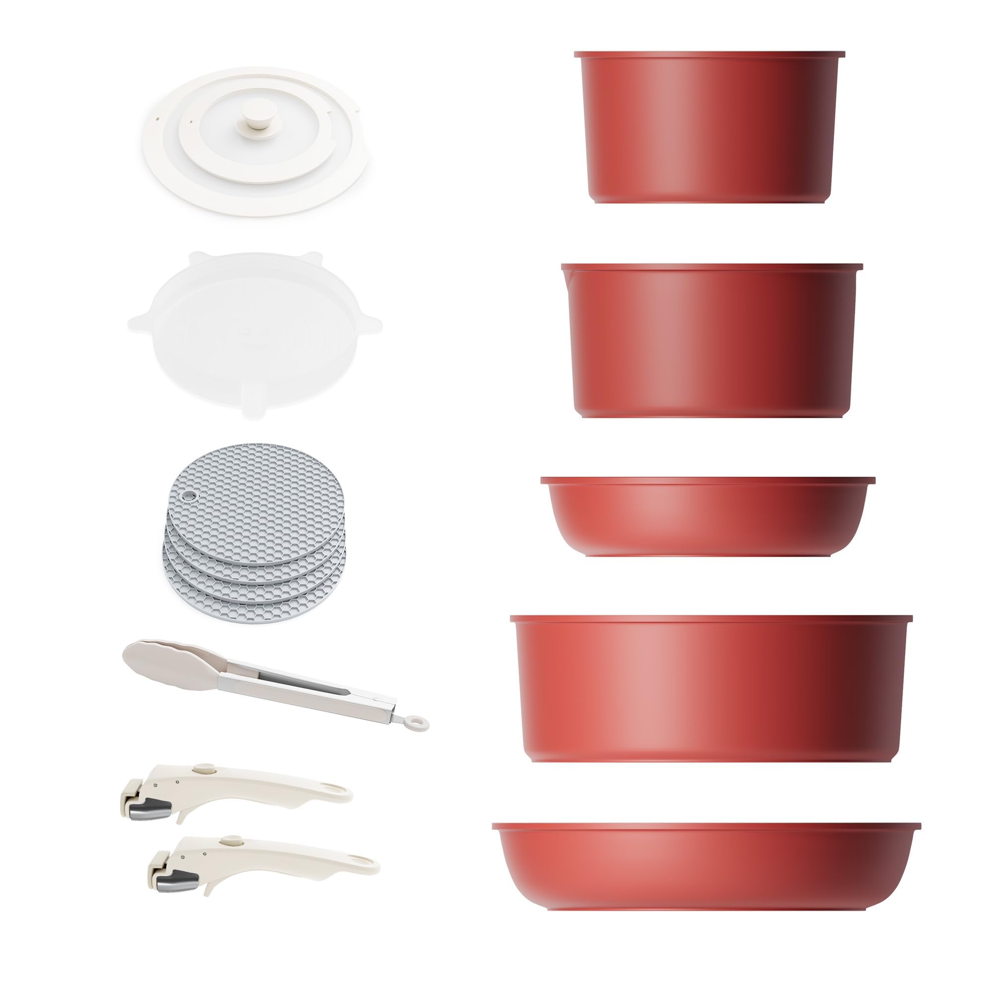 Caannasweis Pots and Pans Set Nonstick, Detachable Handle Cookware Sets, Stackable Induction Kitchen Cookware with Removable Handle, RV and Camping Cookware, Dishwasher and Oven Safe (5 Pots Red N)