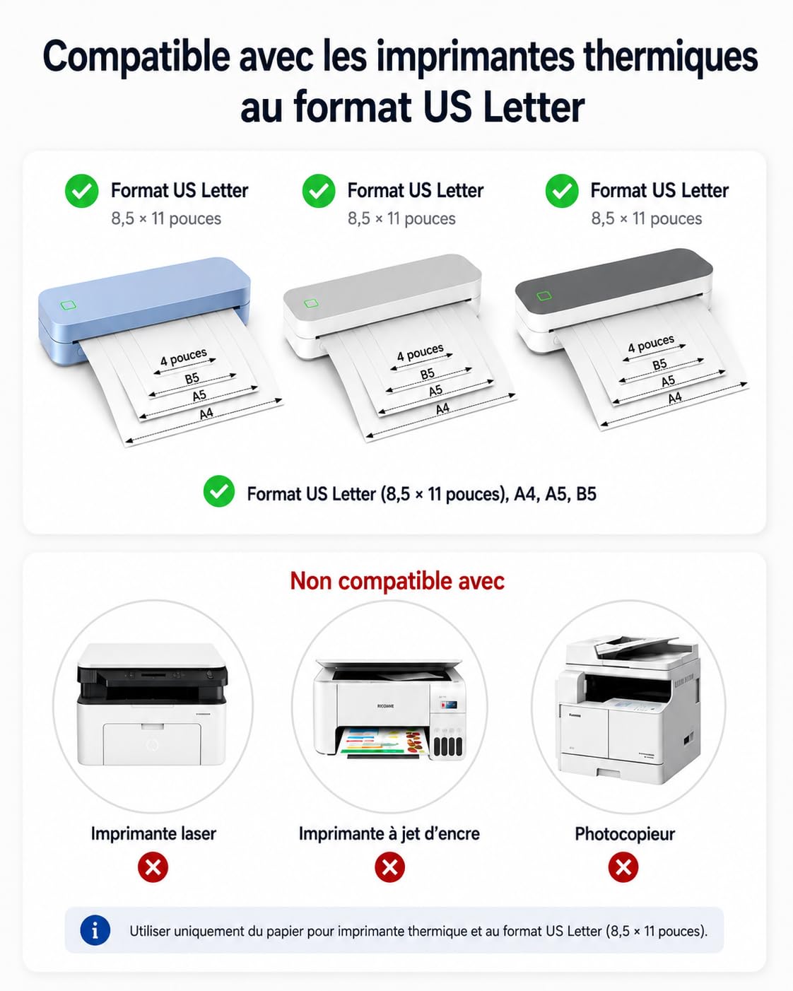 Imprimante Thermique A4 Portable avec 100 Feuilles Papier Thermique Plié A4