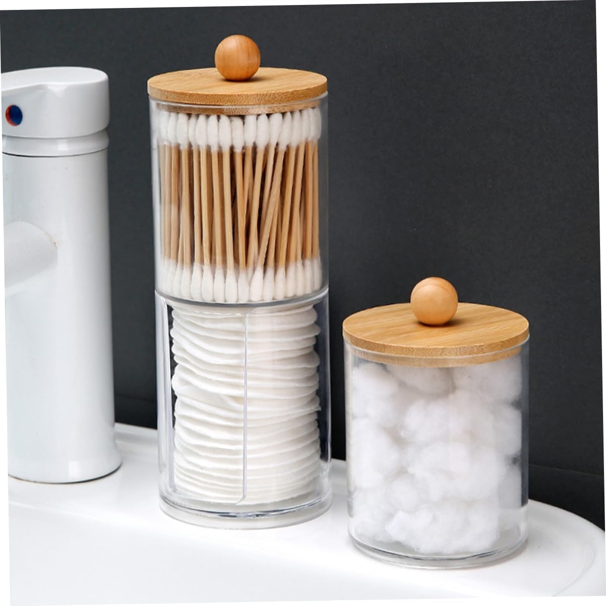 DIYOHFE 3PC Acrylic Qtip Dispensers Holders With Wood lid, Clear Bathroom Round Countertop Storage Organizer Canister for Cotton Balls,Swabs,Pads,Bath Salts ,Makeup Sponges,Tooth Floss