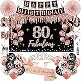 80th Birthday Decorations for Women, 33pcs 80th Birthday Crown and Sash, Black Rose Gold Happy 80th Birthday Banner Balloons Backdrop Hanging Swirls Paper Fans, 80 Years Old Birthday Decorations Kit