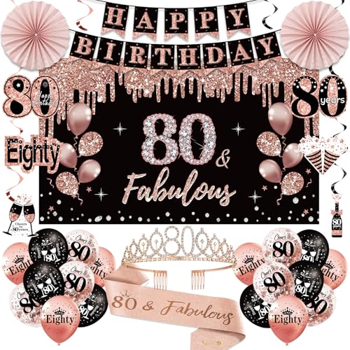80th Birthday Decorations for Women, 33pcs 80th Birthday Crown and Sash, Black Rose Gold Happy 80th Birthday Banner Balloons Backdrop Hanging Swirls Paper Fans, 80 Years Old Birthday Decorations Kit