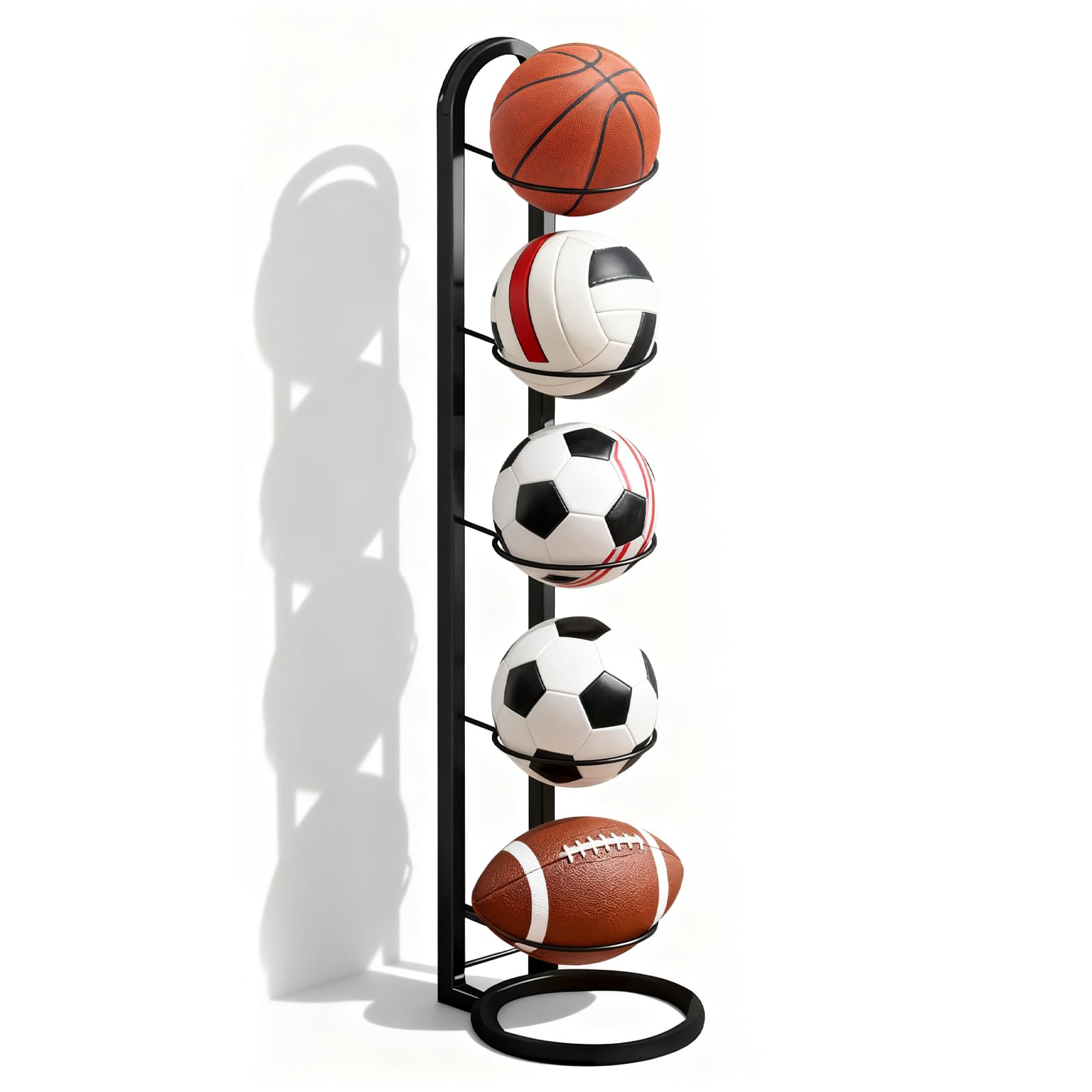 5 Stufiger Ballständer Schwarz, Vertical Ballhalter Abnehmbare Ballregal Sportgeräte Organizer Stabil und robust Balllagerregal für Basketball Fußball Volleyball