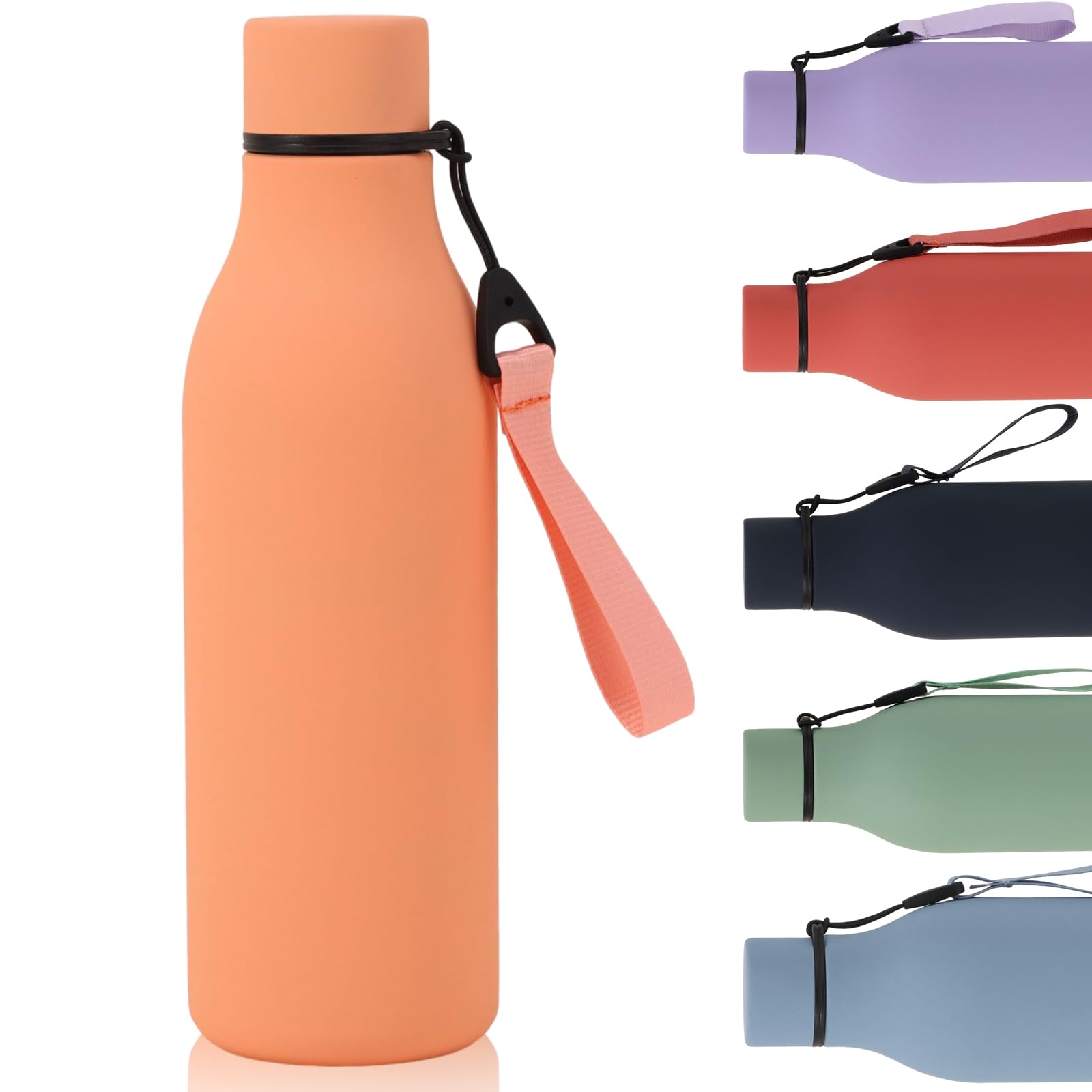 Water Bottle with Strap 550ml, Stainless Steel Water Bottle, Double Wall Insulated Flask Bottle Keeps 24H Cold/12H Hot, Leakproof Metal Drinks Bottle, BPA-Free for Travel, Gym, Hiking (Pink)