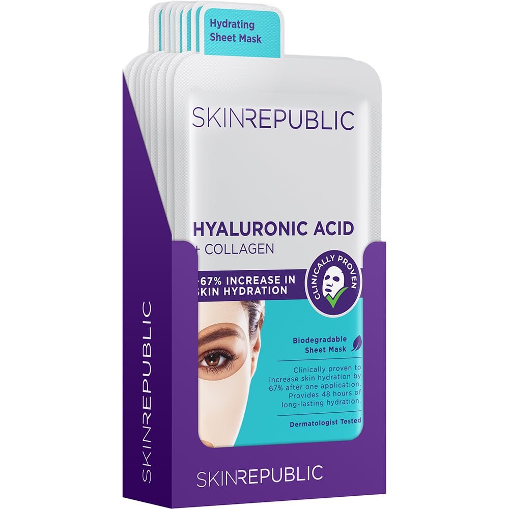 Skin Republic Maska z kwasem hialuronowym i kolagenem, nawilżająca maska na twarz z kwasem hialuronowym i kolagenem, biodegradowalna, 10 sztuk w opakowaniu (10 sztuk)