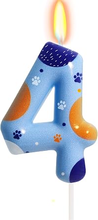 Blue Dog Paw Birthday Candles, Number 4 Print Party Supplies, 2.76 Inch Cake Topper Decorations Number 4