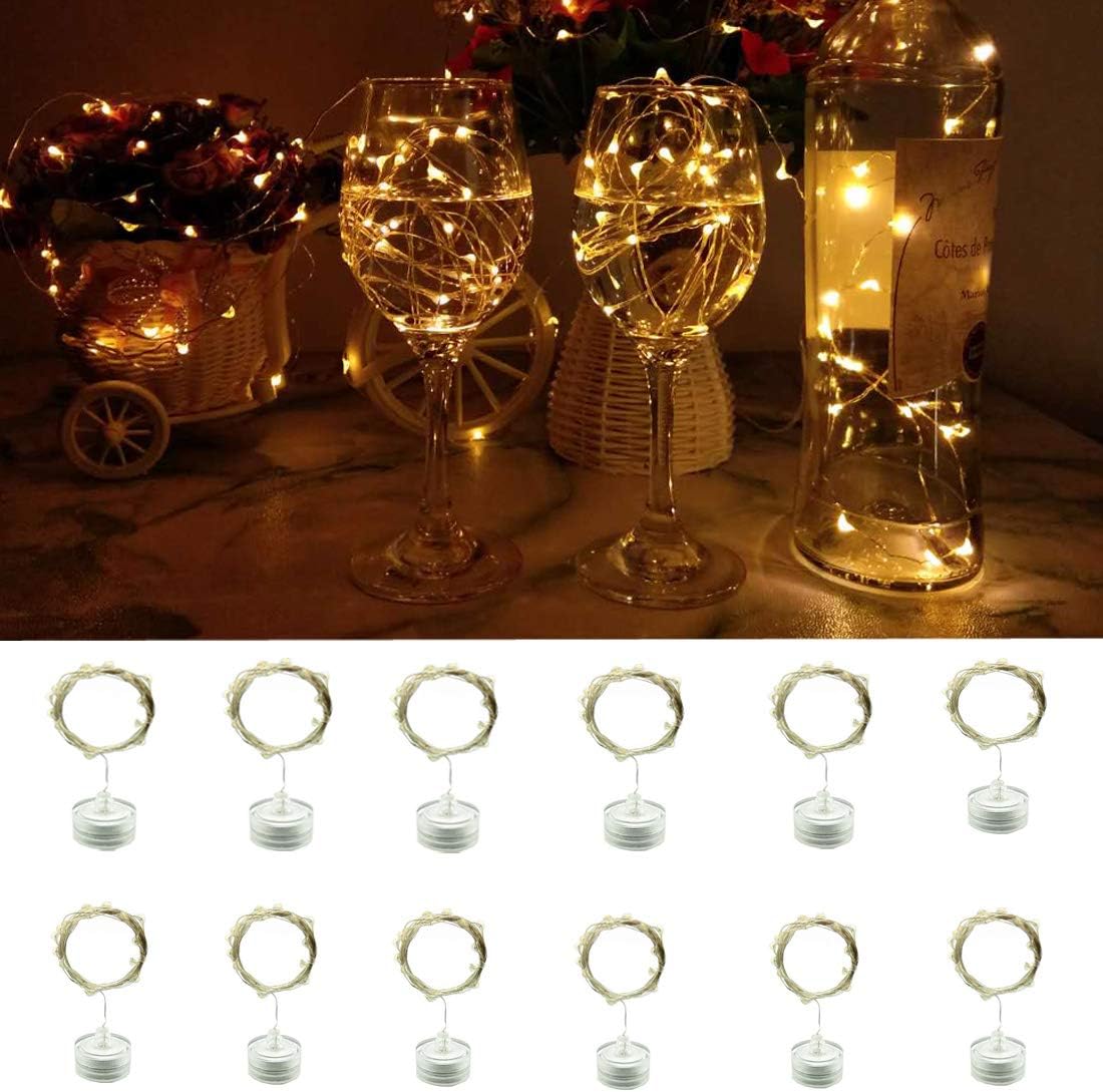 12 Pack Waterproof LED String Lights, Indoor/Ourdoor Micro LED Lights, 2m/6.5ft 20 LEDs,Warm White Color, Battery Operated, Holiday DIY Decor Fairy Lights for Christmas,Halloween,New Year.