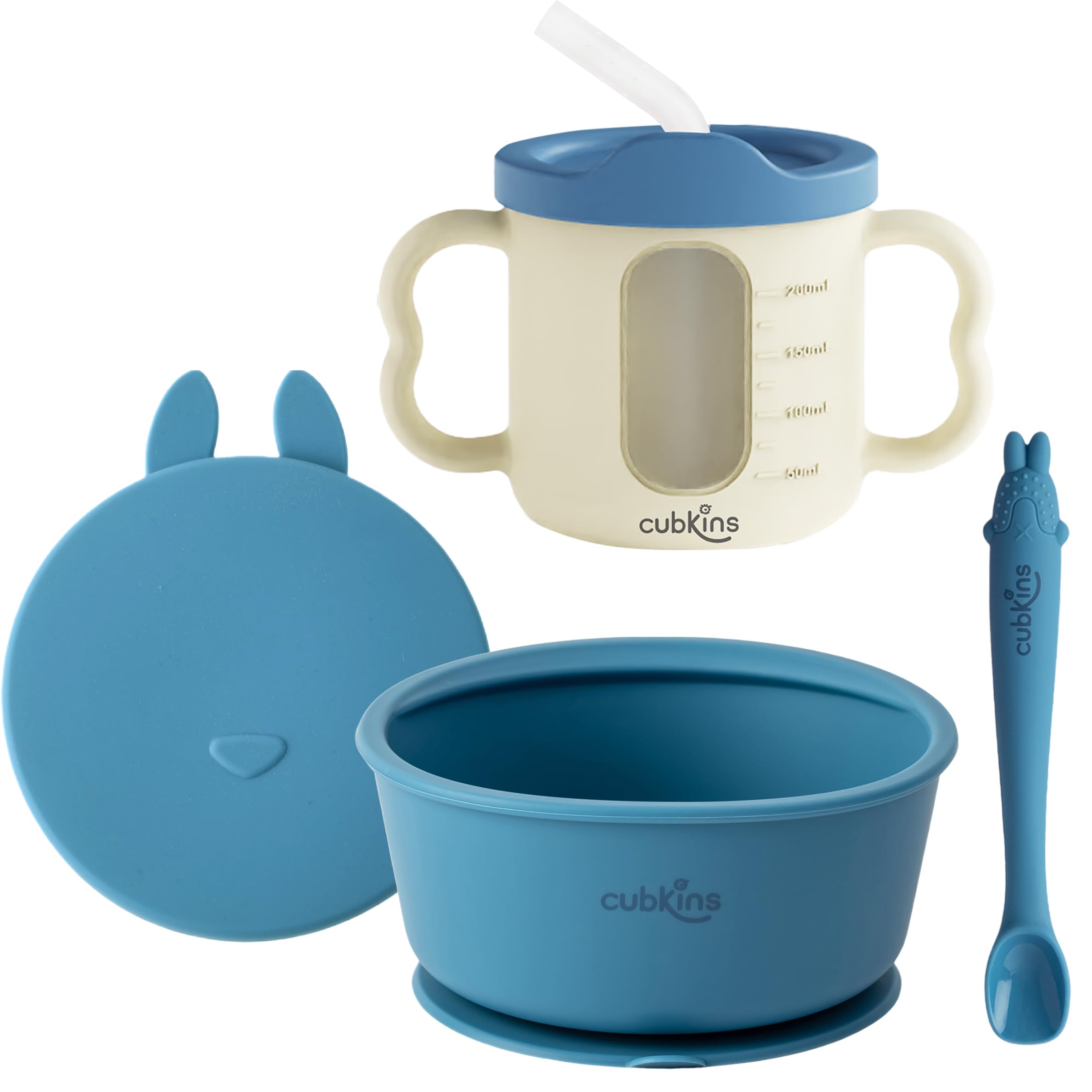 Silicone Suction Bowl with Lid, Sippy Cup with Straw & Bendable Training Spoon Set of 3 for Feeding Babies | BPA Free, Washable and Reusable Feeding Set for Kids, Toddlers (Blue Olive)-image-9