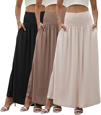 3 Pack Womens Maxi Skirts Elastic High Waist Pleated Flowy a Line Long Skirts for Curvy with Pockets